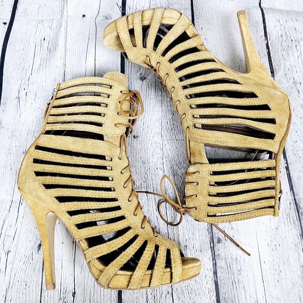 COLIN STUART | suede leather strappy cage back zip lace-up peep toe high heels